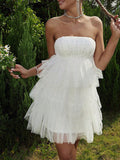 Momnfancy White Sequin Sparkly Layers Of Tulle Mesh Fluffy Grenadine Babyshower Party Maternity Mini Dress