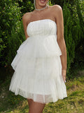 Momnfancy White Sequin Sparkly Layers Of Tulle Mesh Fluffy Grenadine Babyshower Party Maternity Mini Dress