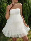 Momnfancy White Sequin Sparkly Layers Of Tulle Mesh Fluffy Grenadine Babyshower Party Maternity Mini Dress