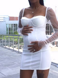 Momnfancy White Bodycon Transparent Mesh Splicing Tulle Party Babyshower Maternity Mini Dress