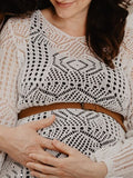 Momnfancy White Crochet Cutout Transparent Wavy Edge Bohemian Baeach Boho Cover-Ups Maternity Mini Photoshoot Dress