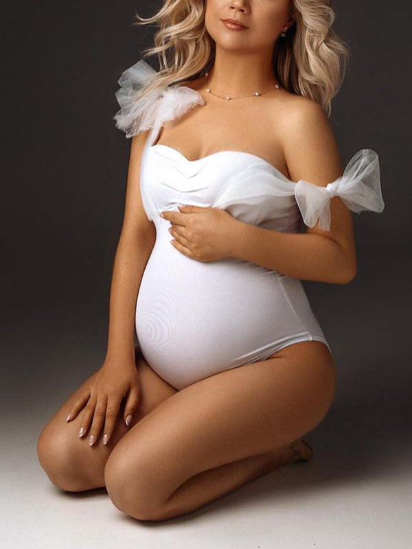 Momnfancy White Tulle Bow Lace-up Bodycon One-Pieces Bikini Beach Holiday Swimwear Elegant Maternity Photoshoot Bodysuit
