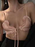 Momnfancy Pink Ruffle Crop Spaghetti Straps Backless Lace Up Off-shoulder V-neck Sweet Maternity Vest