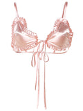 Momnfancy Pink Ruffle Crop Spaghetti Straps Backless Lace Up Off-shoulder V-neck Sweet Maternity Vest