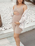 Momnfancy Apricot Tank U-neck Sleeveless Work Out Outfit Tight Fashion Maternity Daily Going Out Short Jumpsuit