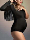 Momnfancy Black One Shoulder Tassel Tight Top Elegant Maternity Photoshoot Bodysuit