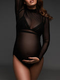 Momnfancy Black Tulle Sheer High Neck Long Sleeve Bodycon Bodysuit Photoshoot Maternity Jumpsuit
