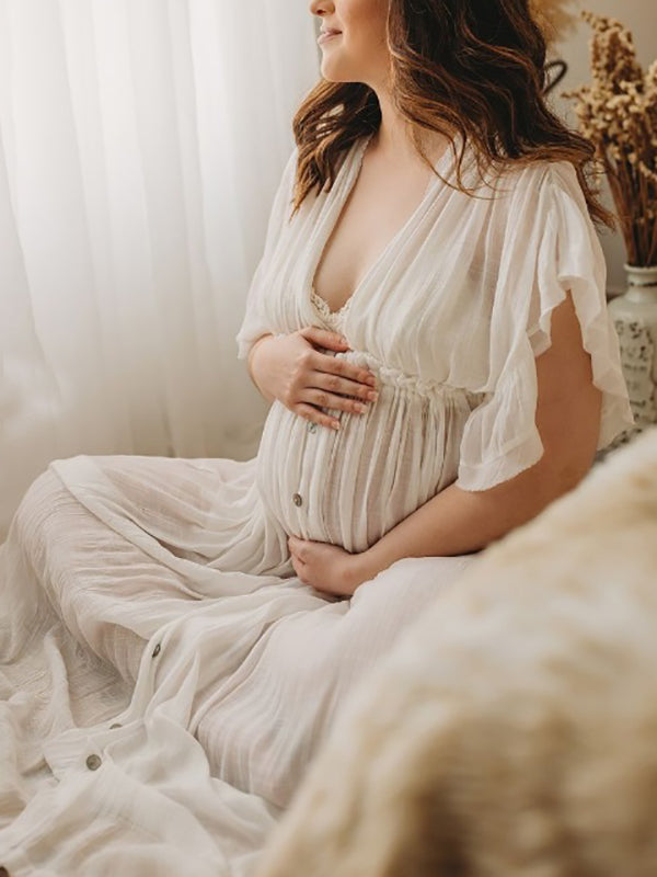 Momnfancy White Ruffle Single Breasted Drawstring Tie Back Bohemain Baby Shower Photoshoot Maternity Maxi Dress