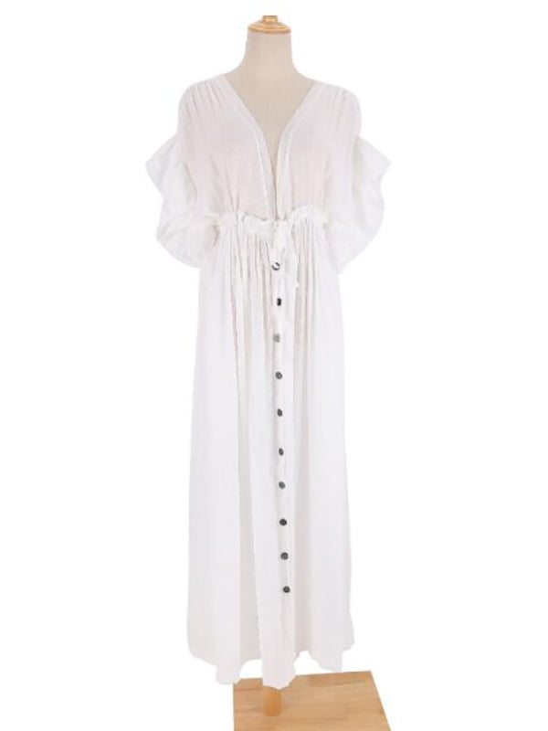 Momnfancy White Ruffle Single Breasted Drawstring Tie Back Bohemain Baby Shower Photoshoot Maternity Maxi Dress