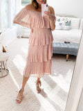Momnfancy Pink Off Shoulder Cascading Ruffle Draped Babyshower Maternity Tiered Dress