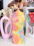 Momnfancy Multicolor Tie Dye Cut Out Backless Deep V-neck Babyshower Maternity Maxi Dress