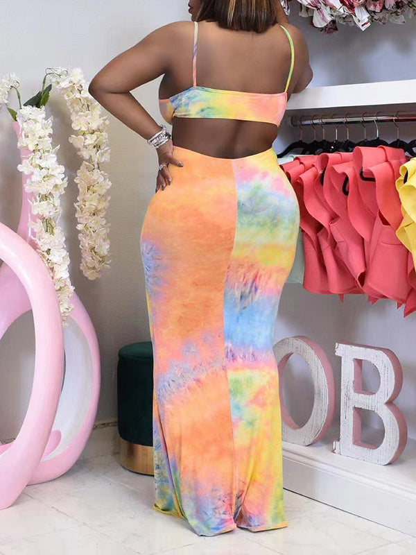Momnfancy Multicolor Tie Dye Cut Out Backless Deep V-neck Babyshower Maternity Maxi Dress