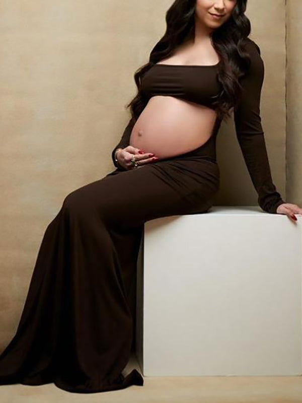 Momnfancy Brown Irregular Cut Out Belly Side Slit Square Neck Photoshoot Maternity Maxi Dress