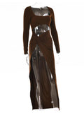 Momnfancy Brown Irregular Cut Out Belly Side Slit Square Neck Photoshoot Maternity Maxi Dress