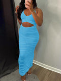 Momnfancy Blue Cut Out Backless Slit Spaghetti Strap Ruched Baby Shower Bodycon Party Maternity Maxi Dress