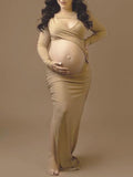 Momnfancy Apricot Cut Out Irregular Side Slit Photoshoot Bodycon Clubwear Party Maternity Maxi Dress