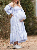 Momnfancy Spring Light Blue Plaid Off Shoulder Ruched Halter Neck Maternity Midi Dress