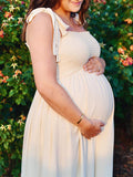 Momnfancy Spring White Shirred Ruched Slit Flowy Maternity Plus Size Belle Dress