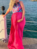 Momnfancy Spring Rose Carmine Tribal Floral Sleeveless Flowy Maternity Maxi Dress