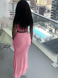 Momnfancy Pink Pleated Ruched Drawstring Belly Friendly Two Piece Bodycon Clubwear Casual Maternity Maxi Dress