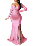 Momnfancy Pink Off Shoulder Long Sleeve High Split Bodycon Baby Shower Party Gown Pregnancy Maternity Maxi Dress