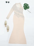 Momnfancy Apricot Patchwork Rhinestone Mesh One Shoulder Prom Wedding Guest Mermaid Party Pregnancy Maternity Maxi Dress