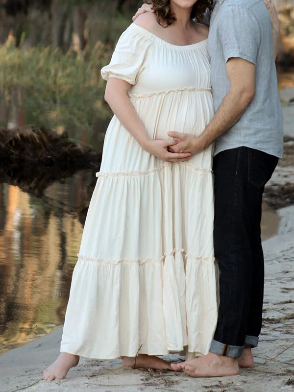 Momnfancy White Off Shoulder Ruffle Baby Shower Flowy Maternity Maxi Dress