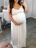 Momnfancy Lace Spaghetti Strap Backless Big Swing Photoshoot Boho Flowy Maternity Maxi Dress