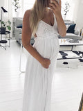 Momnfancy Lace Spaghetti Strap Backless Big Swing Photoshoot Boho Flowy Maternity Maxi Dress