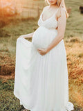 Momnfancy Lace Spaghetti Strap Backless Big Swing Photoshoot Boho Flowy Maternity Maxi Dress