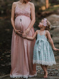 Momnfancy Lace Spaghetti Strap Backless Big Swing Photoshoot Boho Flowy Maternity Maxi Dress