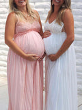 Momnfancy Lace Spaghetti Strap Backless Big Swing Photoshoot Boho Flowy Maternity Maxi Dress