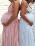 Momnfancy Lace Spaghetti Strap Backless Big Swing Photoshoot Boho Flowy Maternity Maxi Dress