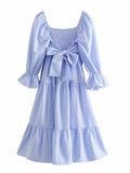 Momnfancy Sky Blue Ruffle Knot Lace Up Smocked Tea Party Photoshoot Flowy Maternity Midi Dress