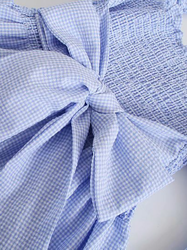 Momnfancy Sky Blue Ruffle Knot Lace Up Smocked Tea Party Photoshoot Flowy Maternity Midi Dress