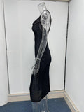 Momnfancy Black Spaghetti Strap Backless Slit Crochet Photoshoot Bodycon Maternity Midi Dress