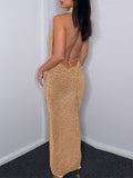 Momnfancy Golden Bronzing Backless Halter Neck Bump Style Photoshoot Maternity Maxi Dress
