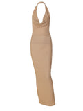 Momnfancy Golden Bronzing Backless Halter Neck Bump Style Photoshoot Maternity Maxi Dress