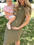 Momnfancy Army Green Round Neck Bump Style Casual Baby Shower Maternity Midi Dress