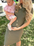 Momnfancy Army Green Round Neck Bump Style Casual Baby Shower Maternity Midi Dress