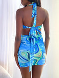 Momnfancy Blue Tie Dye Halter Neck Backless Lace Up Boy Baby Shower Maternity Cut Out Dress