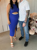 Momnfancy Blue Cut Out Rib Fabric Slit Tank Boy Baby Shower Maternity Midi Dress