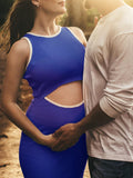 Momnfancy Blue Cut Out Rib Fabric Slit Tank Boy Baby Shower Maternity Midi Dress