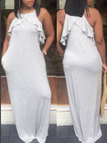 Momnfancy Solid Off Shoulder Cut Out Ruffle Pockets Beach Flowy Summer Maternity Maxi Dress