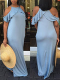 Momnfancy Solid Off Shoulder Cut Out Ruffle Pockets Beach Flowy Summer Maternity Maxi Dress