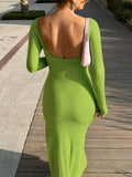 Momnfancy Solid Backless Slit Lace-Up Backless Split Bodycon Baby Shower Maternity Maxi Dress
