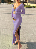 Momnfancy Solid Backless Slit Lace-Up Backless Split Bodycon Baby Shower Maternity Maxi Dress