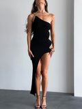 Momnfancy Solid Backless One Shoulder Cut Out Slit Baby Shower Party Maternity Midi Dress
