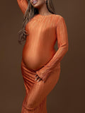 Momnfancy Orange Shirred Ruched Long Sleeve Bodycon Photoshoot Maternity Maxi Dress