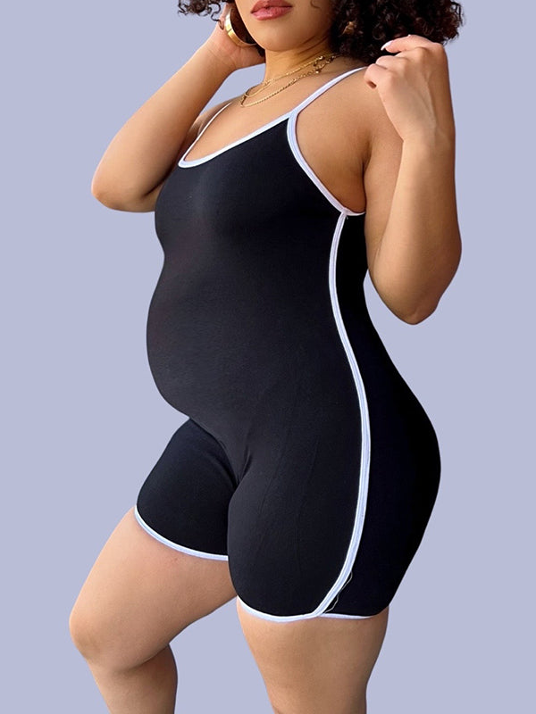 Momnfancy Black Spaghetti Strap Backless Sleeveless Romper Maternity Short Jumpsuit